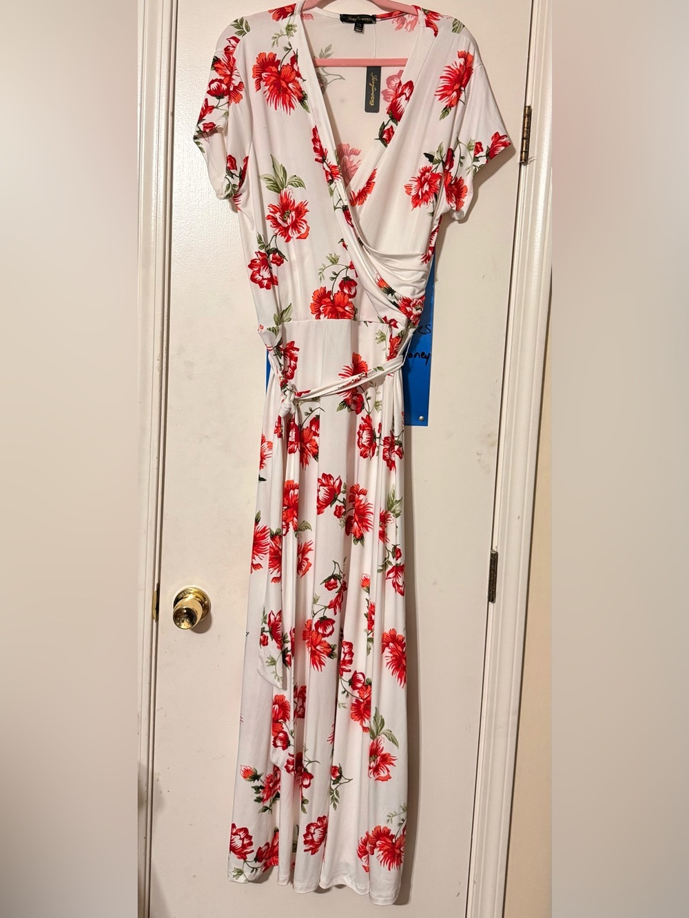 White Wrap Maxi Dress with Red Floral Print - Women